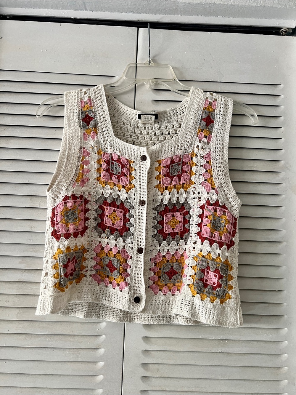 Vivid Cropped Crochet Patchwork Button-Front Vest